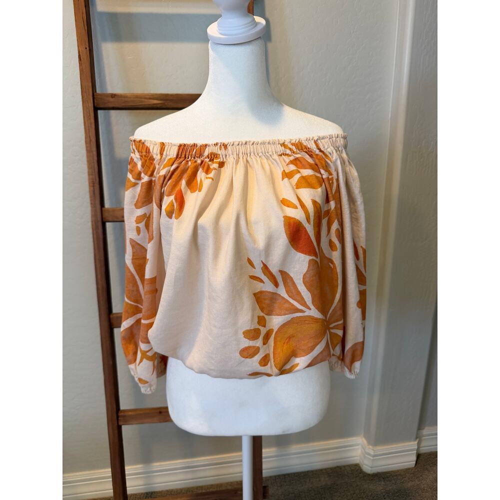 Panama Jack Off Shoulder Linen Blend Tropical Floral Peasant Top XS